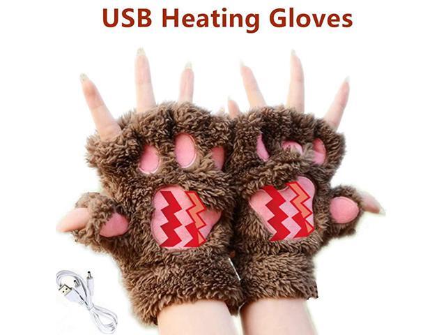 USB 20 Powered Stripes Heating Pattern Knitting Wool Cute Heated Paw Gloves Fingerless Hands Warmer Mittens Laptop Computer Warm Gloves for Women