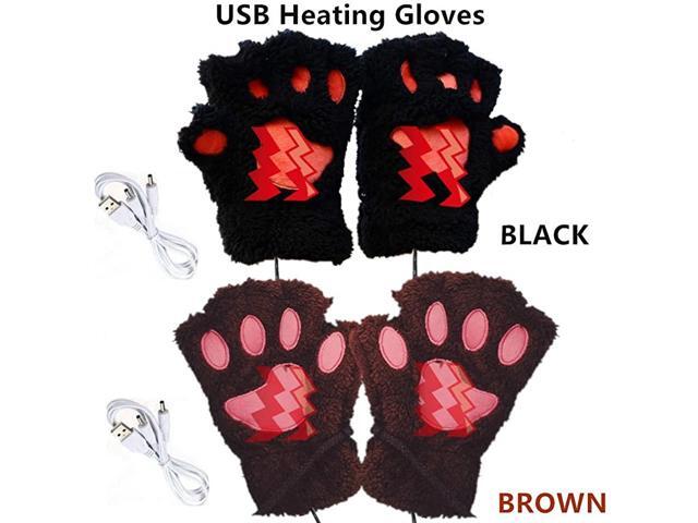 USB 20 Powered Stripes Heating Pattern Knitting Wool Cute Heated Paw Gloves Fingerless Hands Warmer Mittens Laptop Computer Warm Gloves for Women
