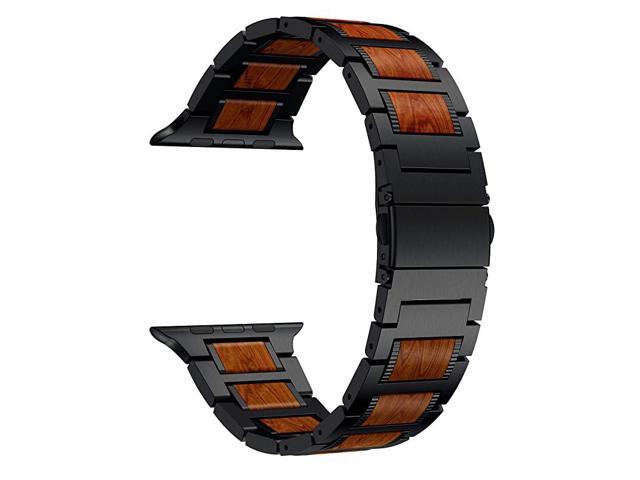Compatible for Apple Watch Band 44mm 42mm Natural Wood Red Sandalwood Stainless Steel Metal Strap for iWatch Bands Compatible for Apple Watch SE