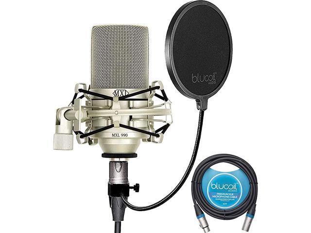MXL 990 Cardioid Condenser Microphone for Podcasts Voiceovers Vocal and Acoustic Instrument Recording Bundle with 10FT Balanced XLR Cable and Pop