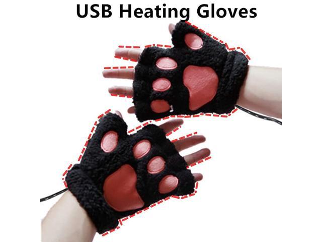 USB 20 Powered Stripes Heating Pattern Knitting Wool Cute Heated Paw Gloves Fingerless Hands Warmer Mittens Laptop Computer Warm Gloves for Women