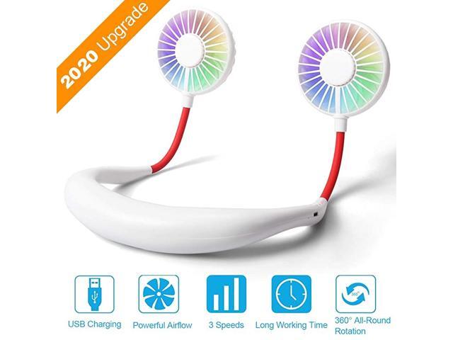 Version Hand Free Fan Portable USB Fan 2000mAH Rechargeable Battery Wearable Design Neck Fan 3 Speed 7 Color LED Light 360 Degree Adjustment Head