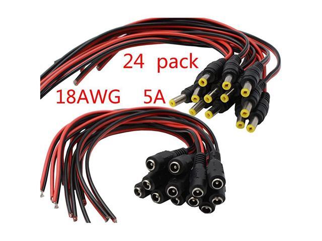 Power Pigtail Cable Connection 24Pack 18AWG 12V 5A Male Female Connectors for Home Security Surveillance Camera Power Adapter and Party Lighting