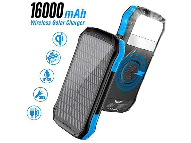 Power Bank Solar Charger with Qi Wireless Charger and 2 USB Port Ultra Waterproof Portable Phone Charger 16000mAh External Battery Pack with 15