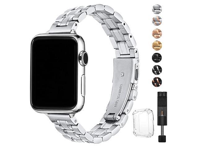 Thin Replacement Band Compatible for Apple Watch 38mm 40mm 42mm 44mm Stainless Steel Metal Wristband Women Men for iWatch SE Series 654321 Silver