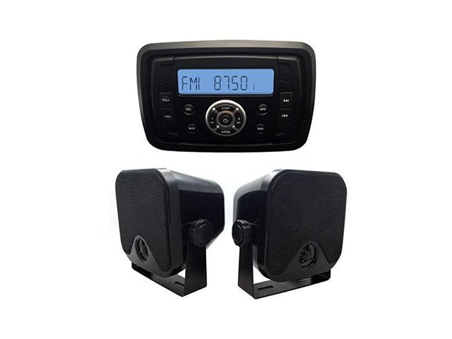 Marine Stereo Receiver Speaker Kit inDash LCD Digital Console Builtin Stereo Sound System + 4 Inches Marine Surface Mount Box SpeakersBlack