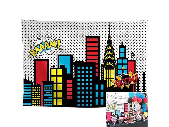 7x5ft Photography backdrops Superhero Super City Skyline Buildings Children Birthday Party Event Banner Photo Studio Booth Background Baby Shower