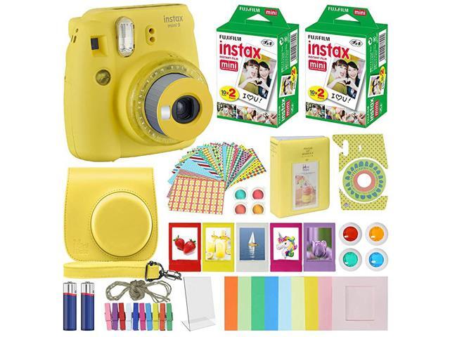 Instax Mini 9 Instant Camera Clear Yellow with Clear Accents with Carrying Case + Fuji Instax Film Value Pack 40 Sheets Accessories Bundle Color
