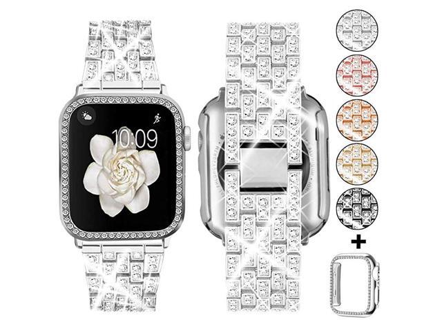 Compatible with Apple Watch Band 38mm 40mm 42mm 44mm + Case Women Jewelry Bling Diamond Metal Strap Soft PC Bumper Protective Case for iWatch