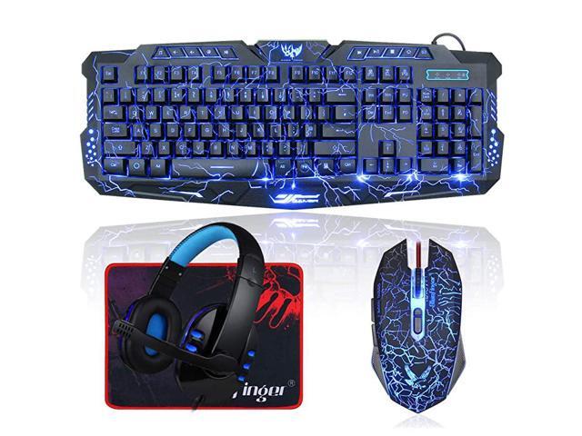 Backlit Gaming Keyboard and Mouse and LED Headset ComboUSB Wired 3 Color Crack Backlit KeyboardBlue LED Light Gaming HeadsetGaming Keyboard Mouse