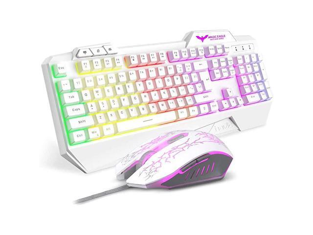 Keyboard Rainbow Backlit Wired Gaming Keyboard Mouse Combo LED 104 Keys USB Ergonomic Wrist Rest Keyboard 4800 DPI Mouse for PC Gamer White