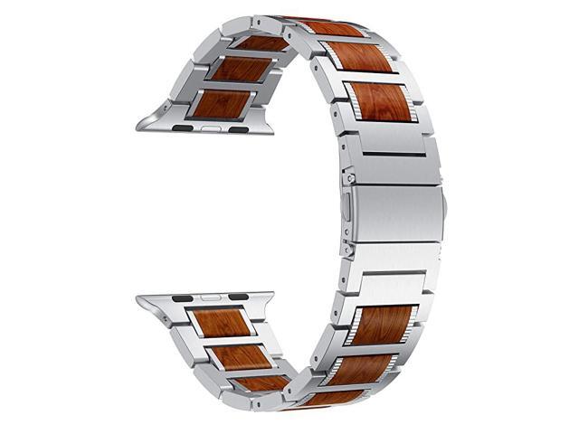 Compatible for Apple Watch Band 40mm 38mm Natural Wood Red Sandalwood Stainless Steel Metal Strap for iWatch Bands Compatible for Apple Watch SE