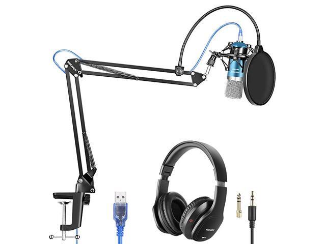 USB Microphone with Suspension Scissor Arm Stand Shock Mount Monitor Headphone Pop Filter USB Cable and Table Mounting Clamp Kit for Sound