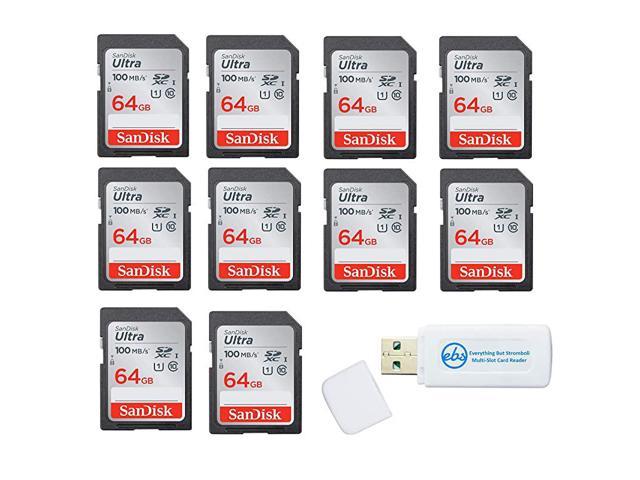 64GB SD Ultra Memory Card 10 Pack UHSI Class 10 SDSDUNR064GGN6IN Bundle with 1 Everything But Stromboli Combo Card Reader