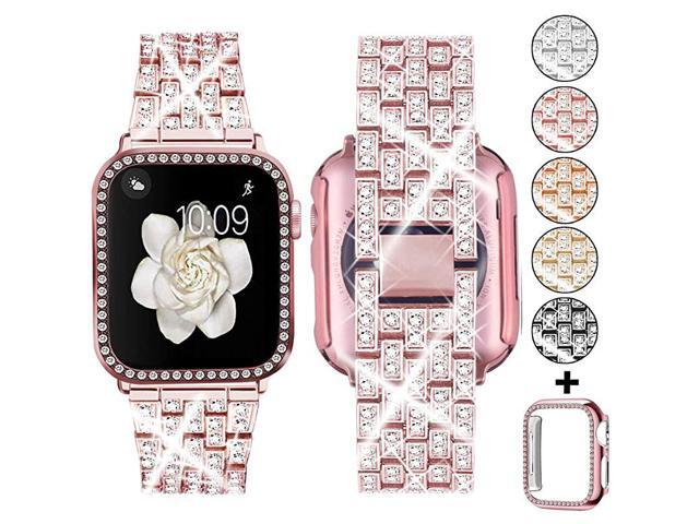Compatible with Apple Watch Band 38mm 40mm 42mm 44mm + Case Women Jewelry Bling Diamond Replacement Metal Strap Soft PC Bumper Protective Case for