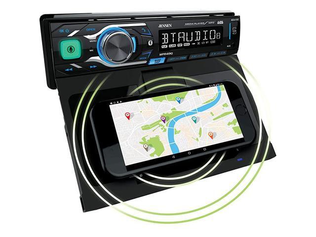 MPR419Q 7 Character LCD Single DIN Car Stereo Receiver Motorized Phone Mount with Qi Wireless Charging Push to Talk Assistant Bluetooth USB
