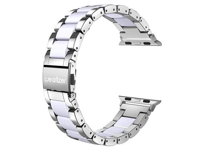 Compatible with Apple Watch Band 42mm 44mm Fashion Silver Womens Mens for iWatch SEStainless Steel Strap White Resin Wristband Replacement Bracelet