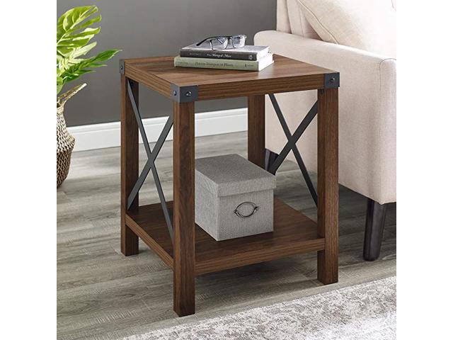 Edison Rustic Modern Farmhouse Metal and Wood Square Side Accent Living Room Small End Table 18 Inch Dark Walnut