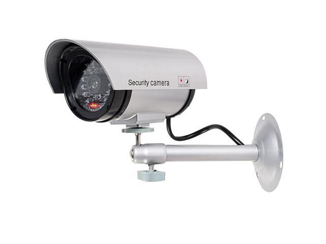 Bullet Dummy Fake Surveillance Security CCTV Dome Camera Indoor Outdoor with one LED Light + Security Alert Sticker Decals TCS1 Silver