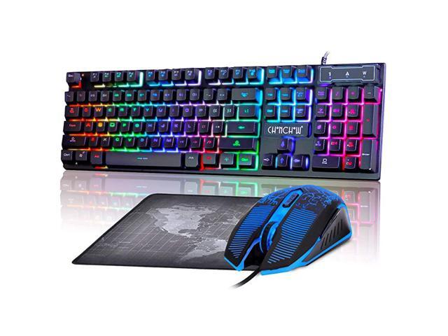 LED Wired Keyboard and Mouse Combo with Emitting Character 4800DPI 2 Side Button USB Mouse Rainbow Backlit Mechanical Feeling Compatible with PC