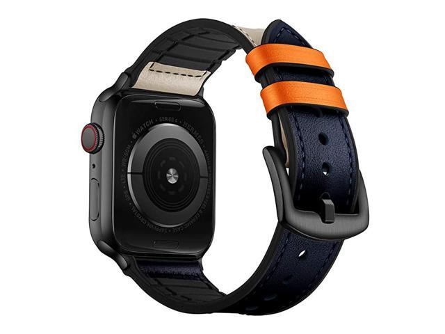 Compatible with Apple Watch Band 42mm 44mm Sweatproof Genuine Leather and Rubber Hybrid Band Strap Compatible with iWatch Series 6 5 4 3 2 1 SE