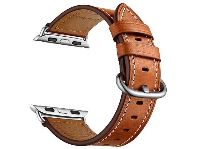 Leather Watch Band Compatible with Apple iWatch 38mm 40mm Women Genuine Leather Replacement Bands for Series 6 SE 5 4 3 2 1 Brown Strap Silver