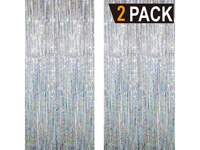 32 ft x 98 ft Metallic Tinsel Foil Fringe Curtains for Party Photo Backdrop Wedding Decor 2 Pcs Shiny Silver