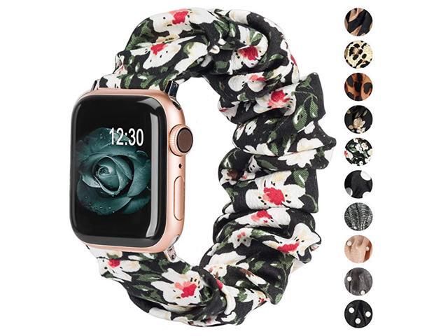 Compatible with Apple Watch Band Scrunchies 42mm Cloth Soft Pattern Printed Fabric Wristband Bracelet Women Rose Gold IWatch Cute Elastic Scrunchy