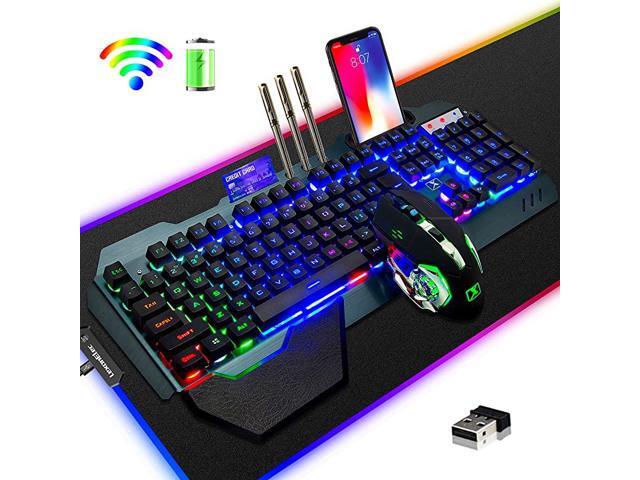 Keyboard Mouse Mouse Pad Kit3 in 1 Rainbow Backlit Rechargeable Wireless Keyboard Mouse with 3800mAh Battery Metal Panel Removable Hand RestRGB