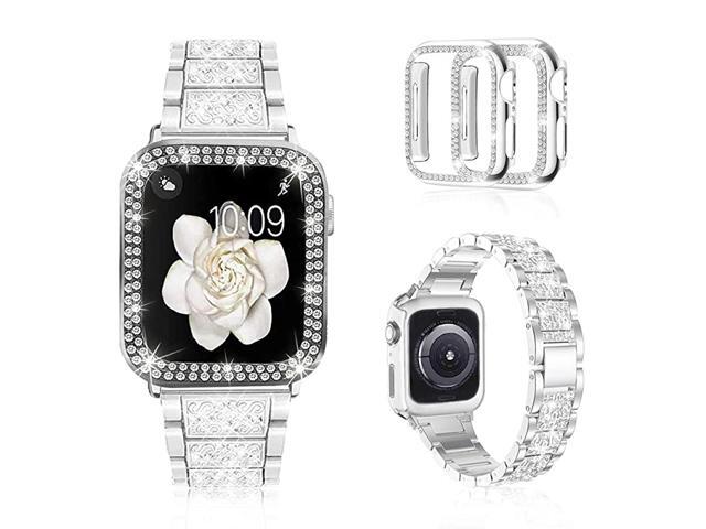 Compatible with Apple Watch Band 38mm 40mm 42mm 44mm with Case Women Jewelry Replacement Metal Wristband Strap with 2 Pack Bling PC Protective