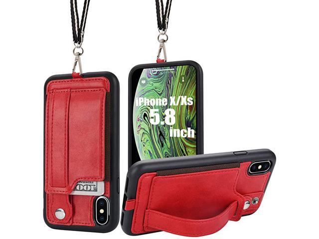 iPhone XXs Wallet Case Phone Lanyard Neck Strap iPhone Xs 10 Protective Case Cover with Stand Leather PU Card Holder Adjustable Detachable iPhone