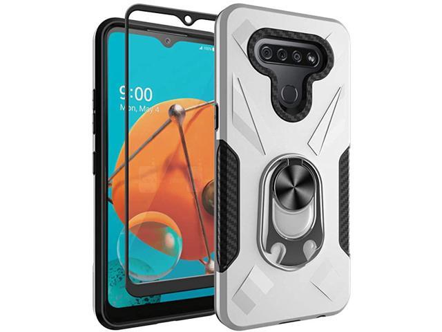 for LG K51 Case with Tempered Glass Screen Protector Rotatable Metal Ring Holder Compatible with Magnetic Car Kickstand Case for LG K51 Silver