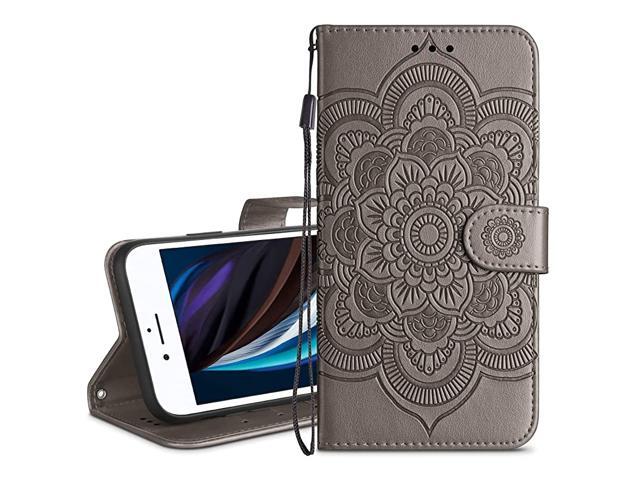 Wallet Case for iPhone SE 2020 8 7 Card Holder Case Kickstand Flip Cover Embossed Mandala Flower Lanyard Protective Soft PU Leather Cover Case for