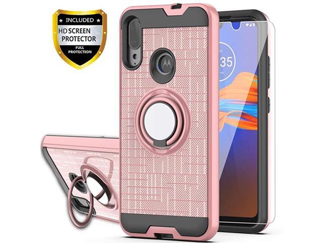 Moto E6 Plus Case Moto E6S Phone Case with HD Screen Protector 360 Degree Rotating Ring Bracket Dual Layer Shock Bumper Cover for Motorola Moto