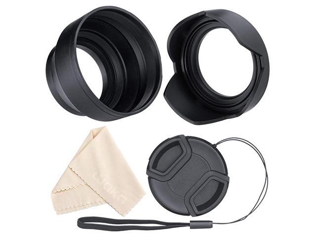 67mm Lens Hood Set Reversible Tulip Flower + 3 Stages Collapsible Rubber Lens Hood + Center Pinch Lens Cap with Cap Keeper Leash + Microfiber
