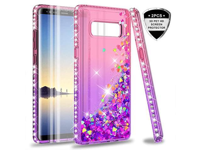 Galaxy Note 8 case with 3D PET Screen Protector 2 Pack for Girls Women Glitter Bling Sparkle Liquid Quicksand Flowing Clear Phone Case for Samsung
