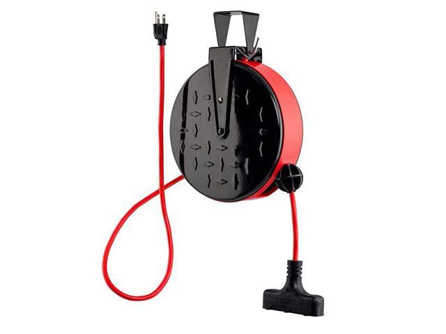 30 ft Retractable Extension Cord Reel Ceiling or Wall Mount 16 gauge Red and Black