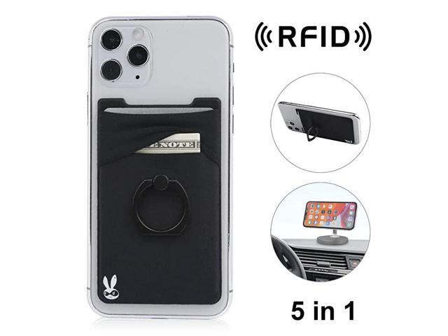 5in1 Cell Phone WalletStick On Spandex Ring Card Holder Sleeve BackDoublePocket+Magnetic+Finger Grip Strap Loop+Kickstand+RFID BlockMost of