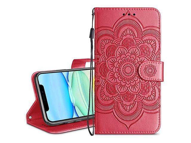 Wallet Case for iPhone 11 Card Holder Case Kickstand Flip Cover Embossed Mandala Flower Lanyard Protective Soft PU Leather Cover Case for 2019