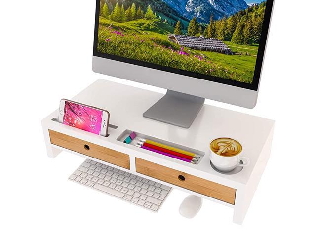 Monitor Stand with Drawers White Wood Laptop Screen Printer TV Riser 2205L 1060W 470H inch Desk Organizer in HomeOffice