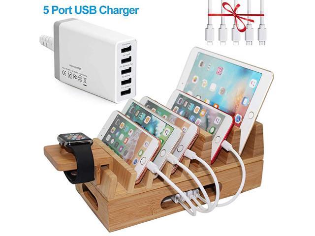 Hulin Bamboo Charging Station Holder with 5 Port USB Charger Watch Stand 5 x Charge Cable Wood Docking Stand Electronic Organizer for Multiple