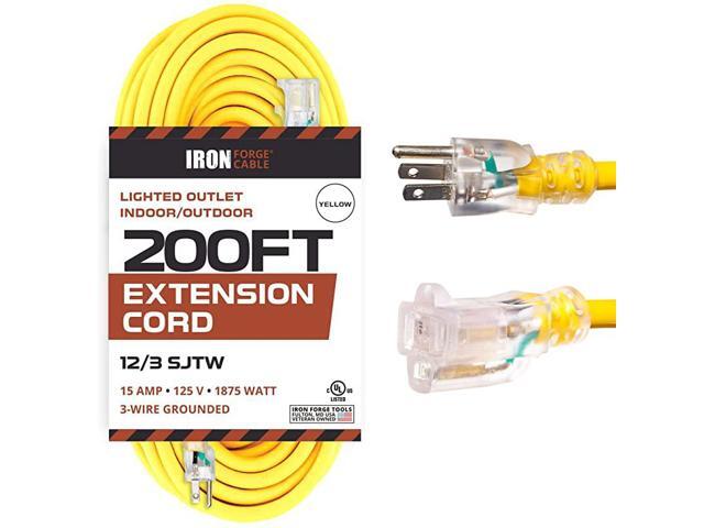 Foot Lighted Outdoor Extension Cord 123 SJTW Heavy Duty Yellow Extension Cable with 3 Prong Grounded Plug for Safety Great for Garden and Major