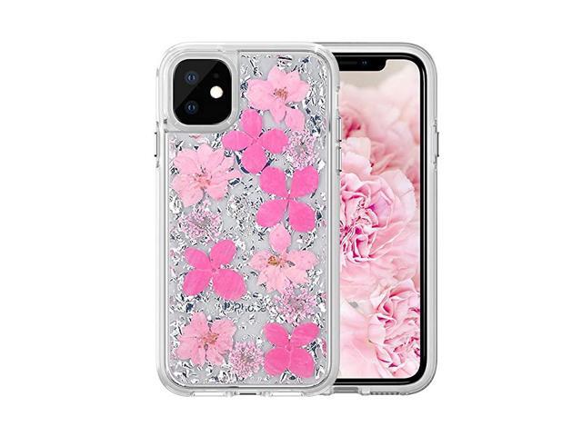 iPhone 11 Case Women Luxury Fashion Gold Foil Glitter Case Made with Real Natural Flowers with Clear Soft TPU Bumper + Hard PC Plastic Back Cover