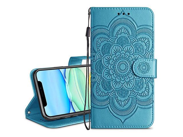 Wallet Case for iPhone 11 Card Holder Case Kickstand Flip Cover Embossed Mandala Flower Lanyard Protective Soft PU Leather Cover Case for 2019