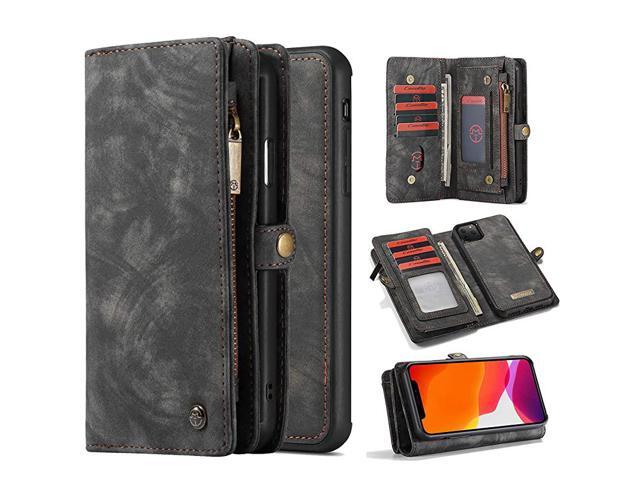 11 Card Slot Magnetic Closure Detachable Removable Flip Handmade Premium Cowhide Leather Wallet Purse Case with Zipper Case Protective Cover for