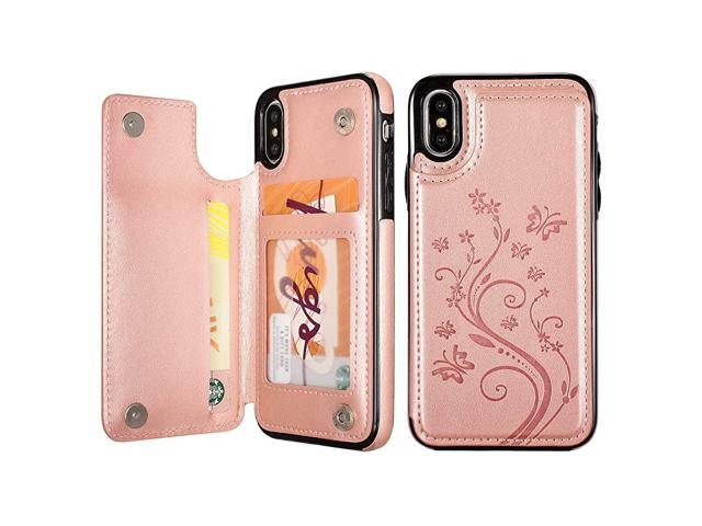 Case for iPhone X XSLuxury PU Leather Case Two Magnetic Clasp Card Slots Stand Function Butterfly Flower Pattern Durable Shockproof Soft TPU Back