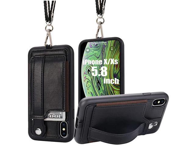 iPhone XXs Wallet Case Phone Lanyard Neck Strap iPhone Xs 10 Protective Case Cover with Stand Leather PU Card Holder Adjustable Detachable iPhone