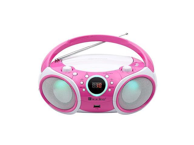 CD Player Boombox CDCDRCDRW Portable wBluetooth USB AMFM Radio AUXInput Headset Jack Foldable Carrying Handle and LED Light Kitty Pink
