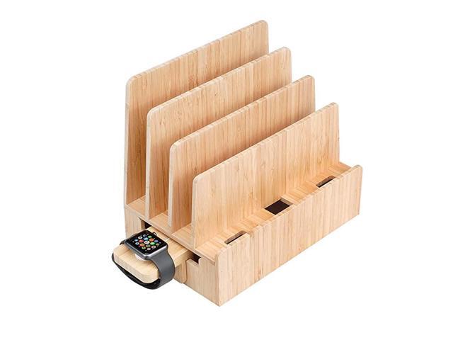Slim Bamboo Charging Station Compatible Adapter for Apple Watch Multi Device Organizer Smartphones Tablets Laptops More