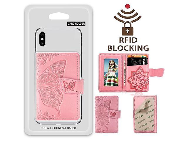 Card Holder RFID Blocking Sleeve 3D Butterfly Flower Kickstand Pu Leather Back StickOn Adhesive Credit Cards Cash Wallet For Most of Smartphones